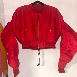 Red cropped bomber jacket with pockets